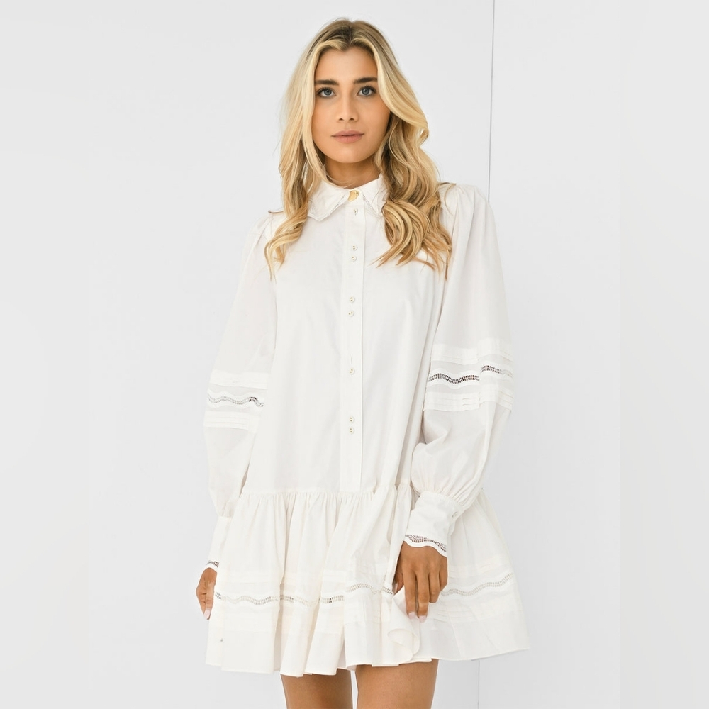 Aje reva wave trim mini dress size AU 4 US 0 white cotton scallop eyelet